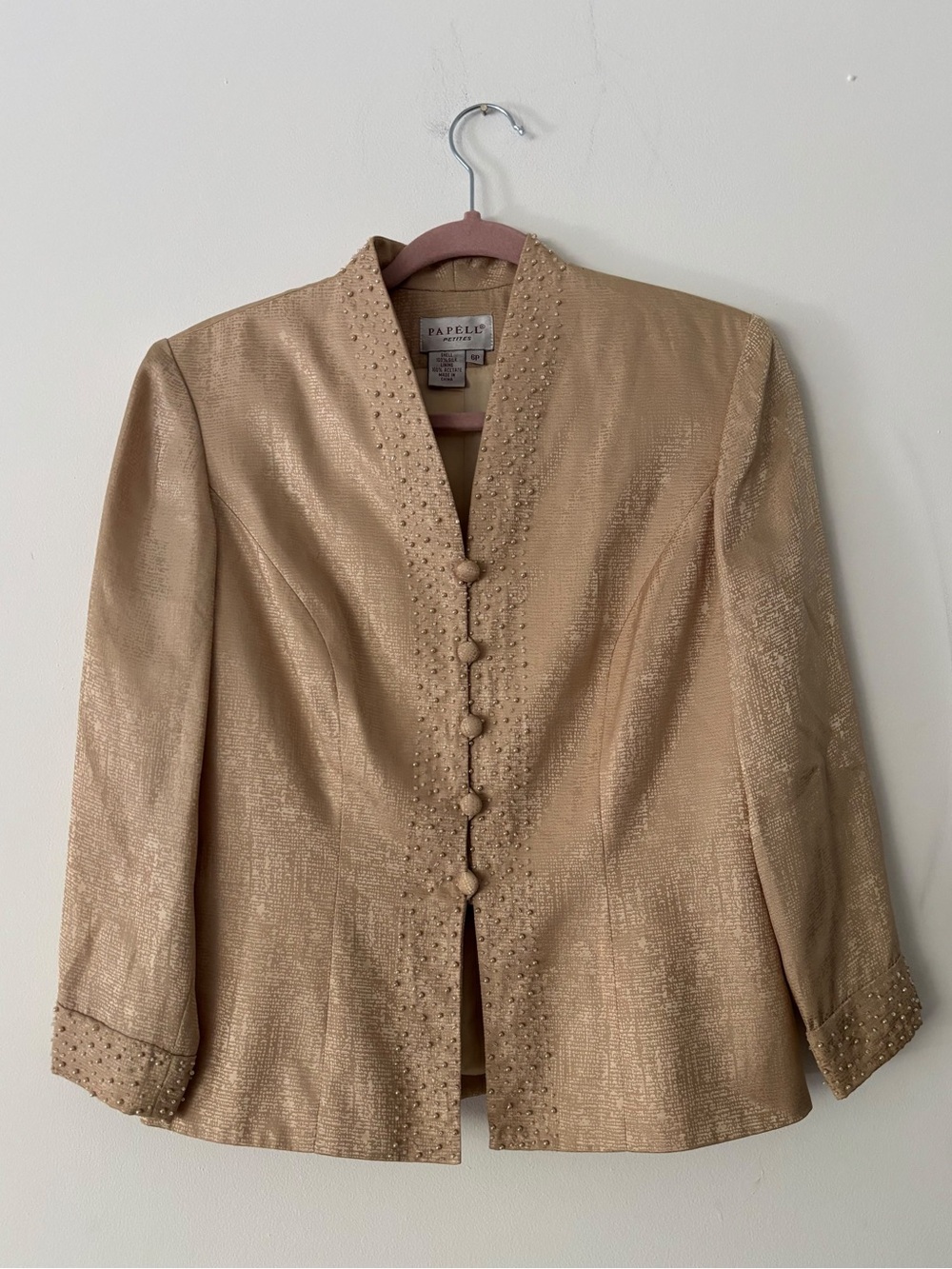Papell Petites Womens Silk Jacket 6P Gold Beaded Faux Pearl Evening Blazer
